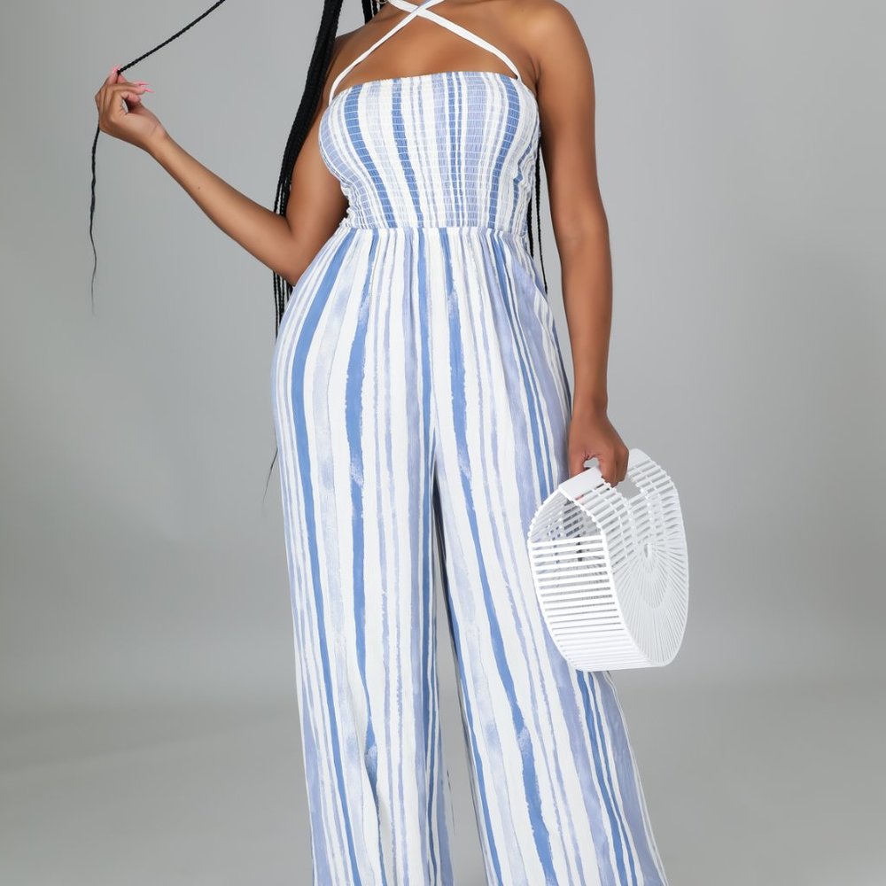 Blue and White Striped Jumpsuit